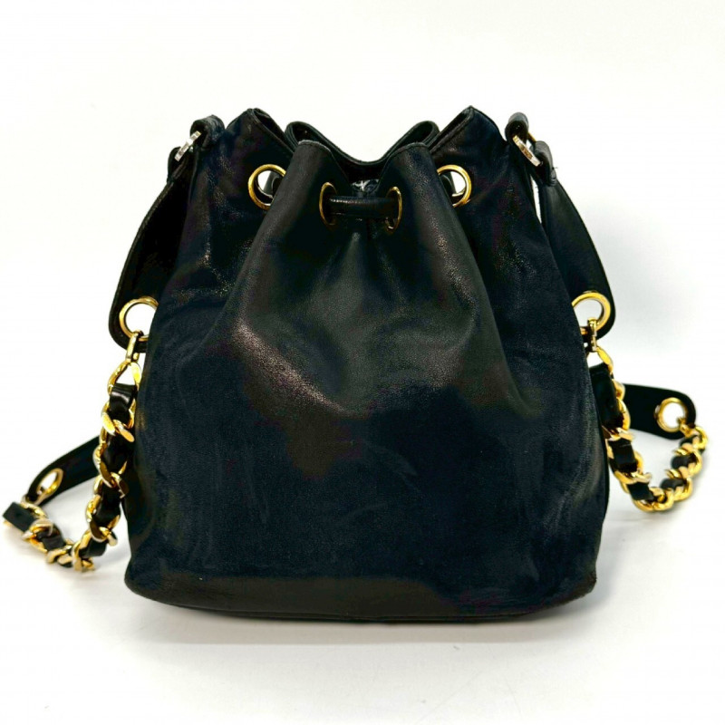 CHANEL Coco Mark Lambskin Drawstring Shoulder Bag Black No Serial Seal Shoulder Bag