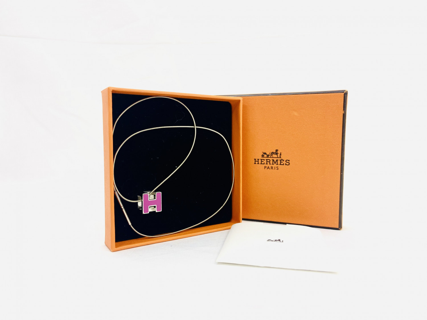 HERMES Auth H Cube Pendant Necklace Silver/Purple /enamel