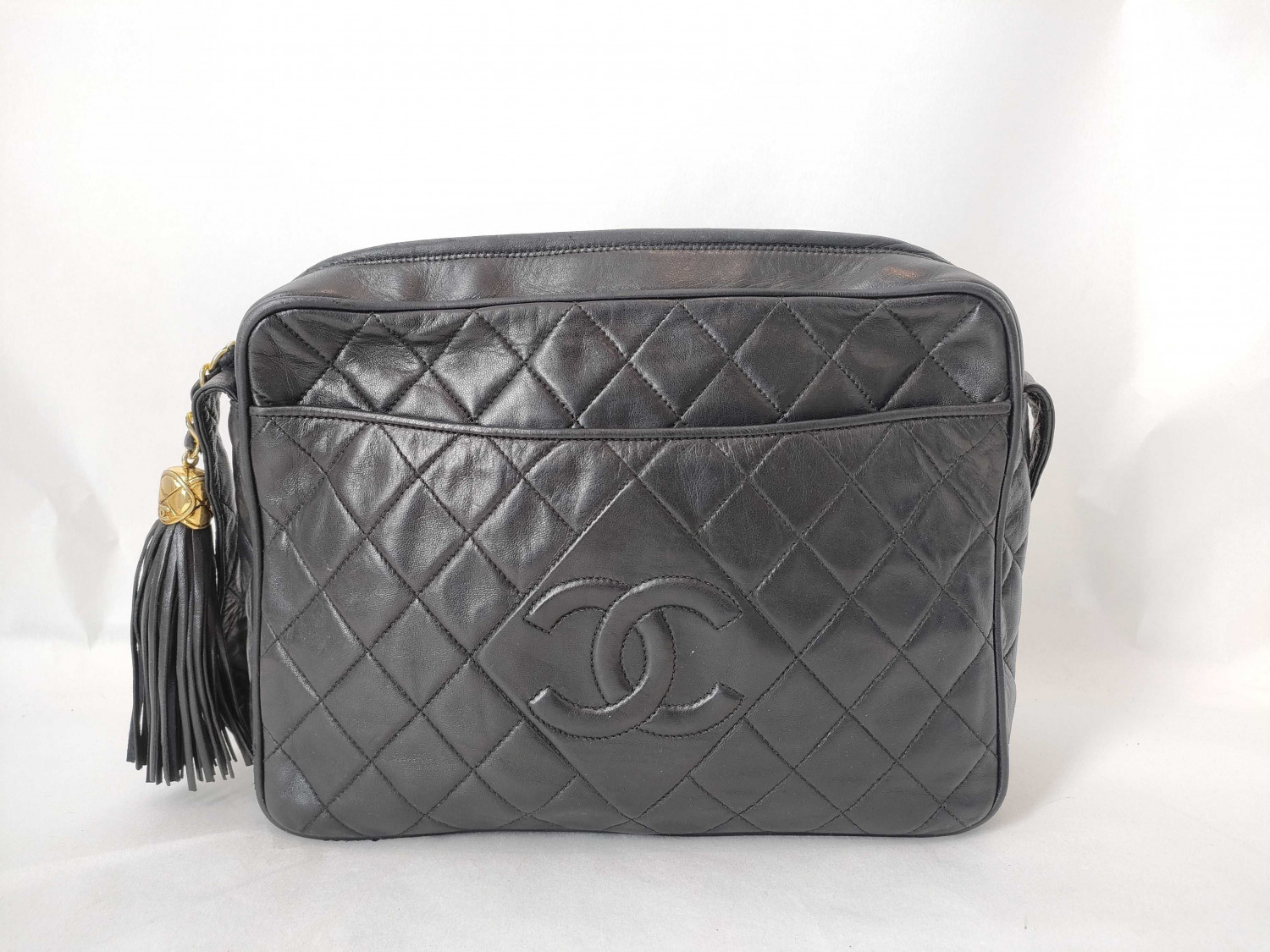CHANEL Lambskin Coco Mark Matlasse Black Fringe Shoulder Bag